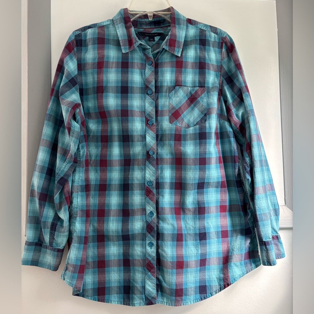 Tommy Hilfiger Plaid Button-down Shirt, Large, Cotton, Teal/Burgundy/Navy